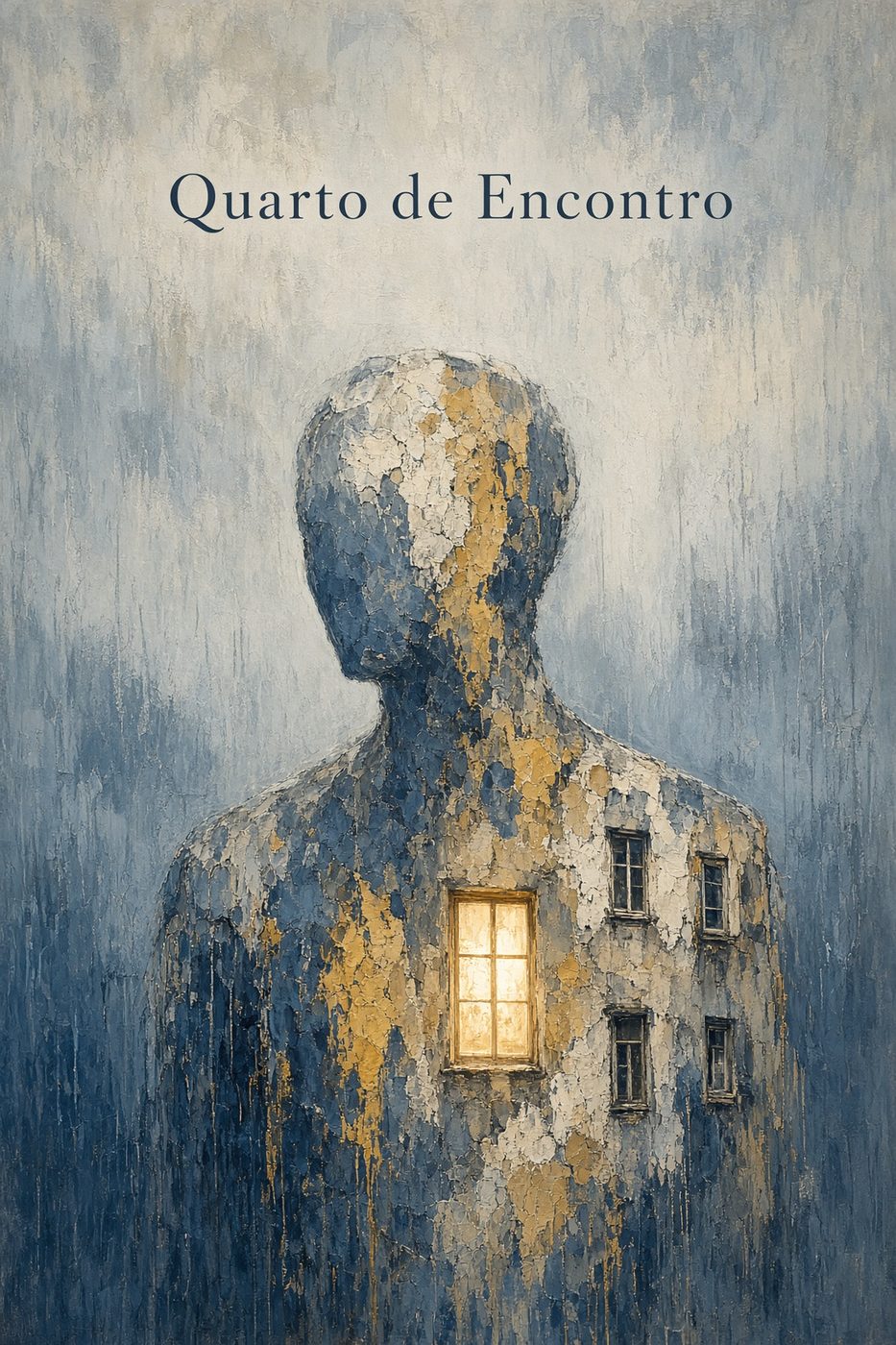 Capa de Quarto de Encontro — luz âmbar na janela sobre azul aço